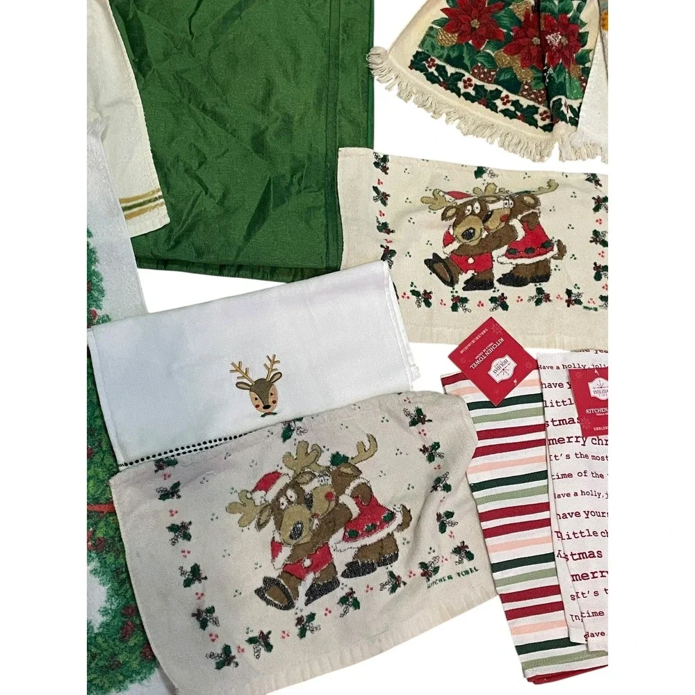 Lot 13 Vintage & Modern Christmas‎ Kitchen Towels & Table Runner Holiday Cotton
